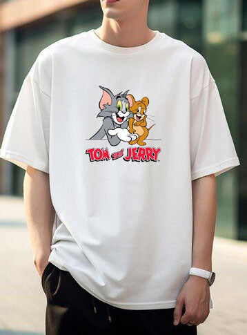 Cartoon Cat & Mouse Graphic Printed T-Shirt for Men | Premium Cotton + Polyester | White