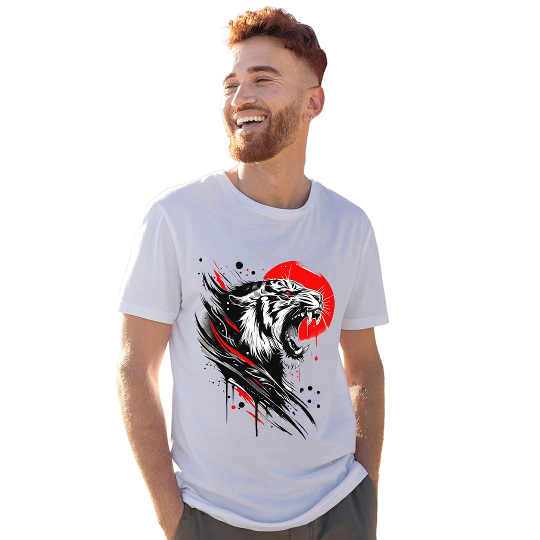 Roaring Tiger Graphic Printed T-Shirt for Men | Premium Cotton + Polyester | White