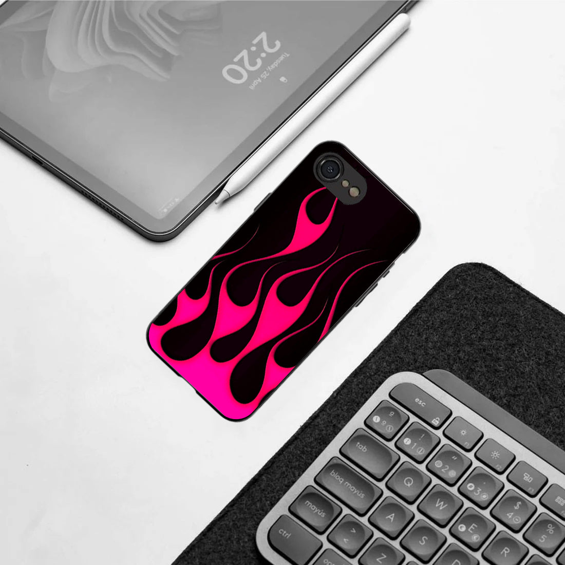 Y2k Black & Hot Pink Flames pattern phone case for iphone 16E | Glass case