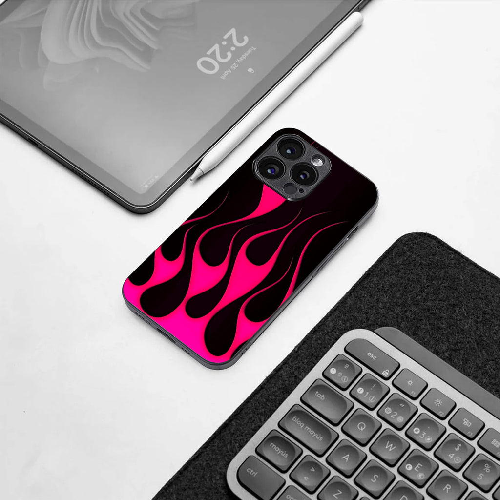 Y2k Black & Hot Pink Flames pattern phone case for iphone 16 pro |Glass case