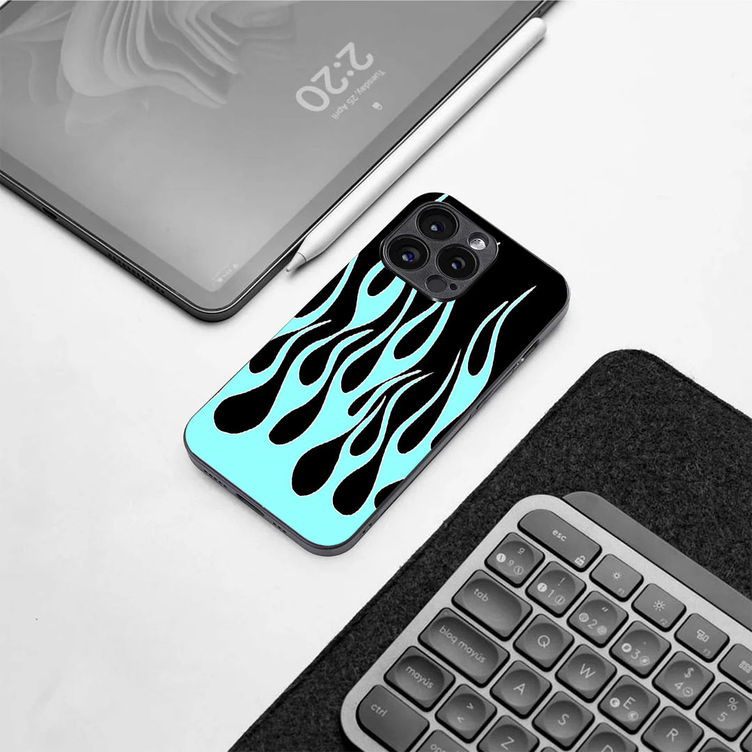 Y2k Black & Sky Blue Flames pattern phone case for iphone 12 pro max | Glass  case