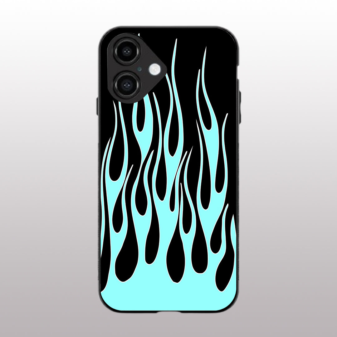 Y2k Black & Sky Blue Flames pattern phone case for iphone 16 | Glass case