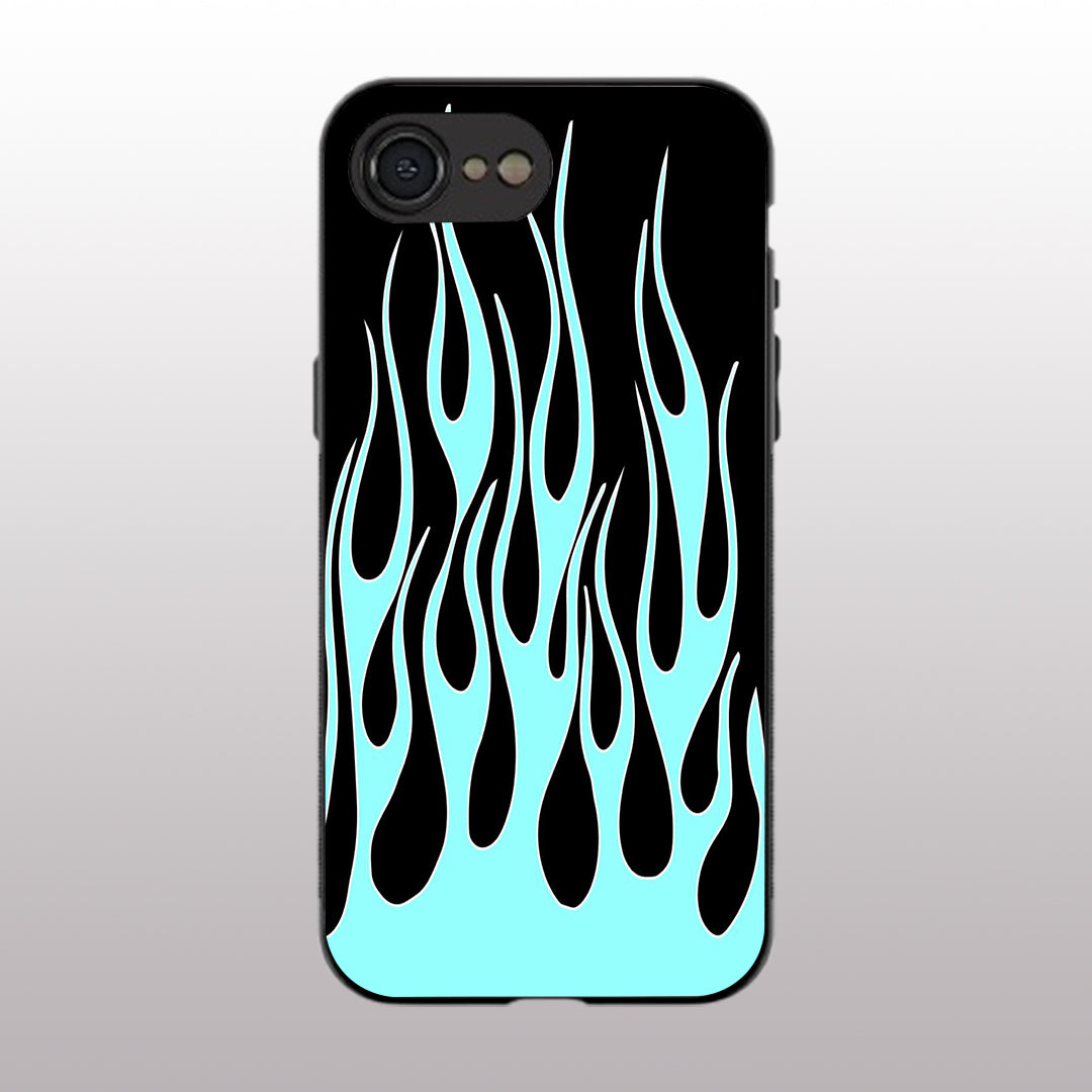 Y2k Black & Sky Blue Flames pattern phone case for iphone 16E |Glass case