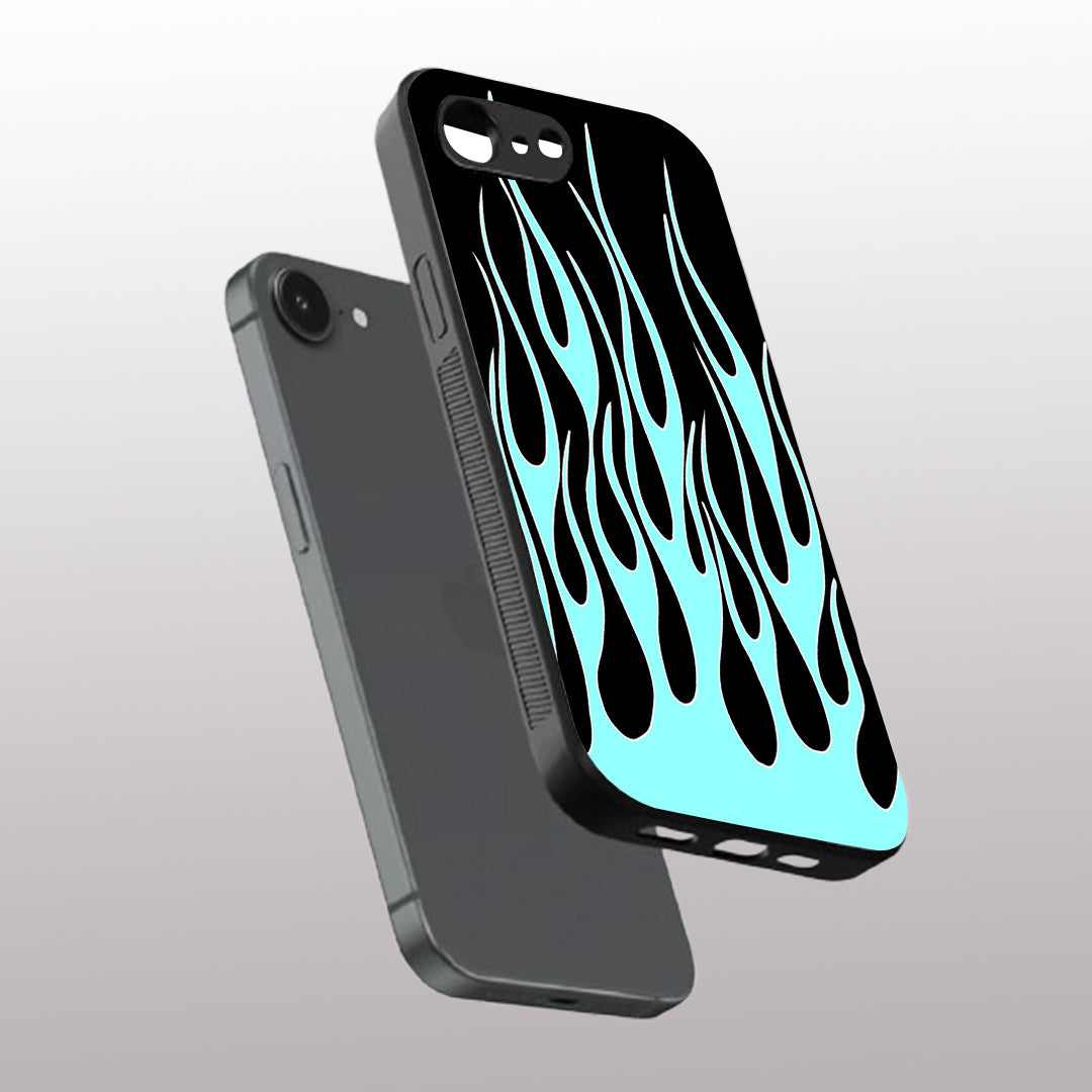 Y2k Black & Sky Blue Flames pattern phone case for iphone 16E |Glass case