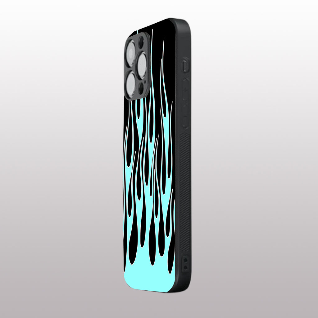 Y2k Black & Sky Blue Flames pattern phone case for iphone  15 pro max | Glass case