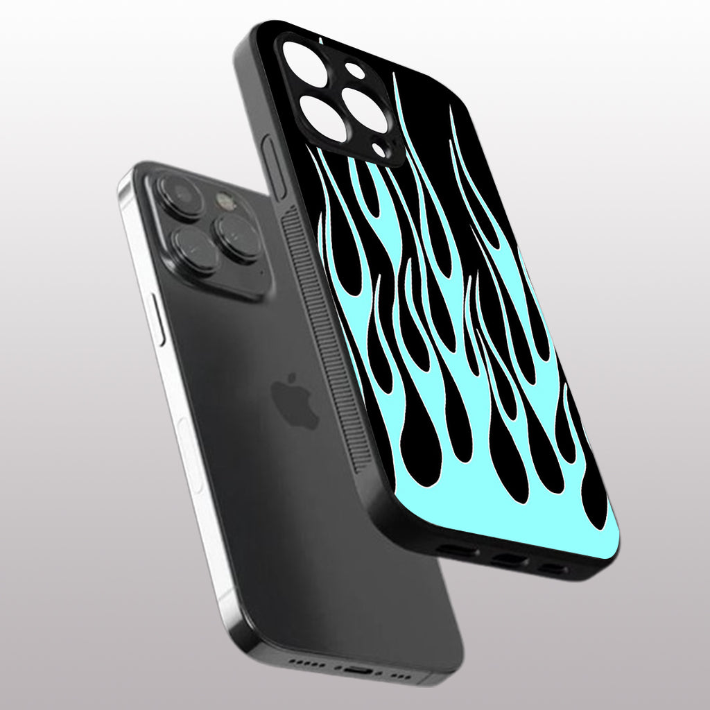 Y2k Black & Sky Blue Flames pattern phone case for iphone 11 pro|Glass case