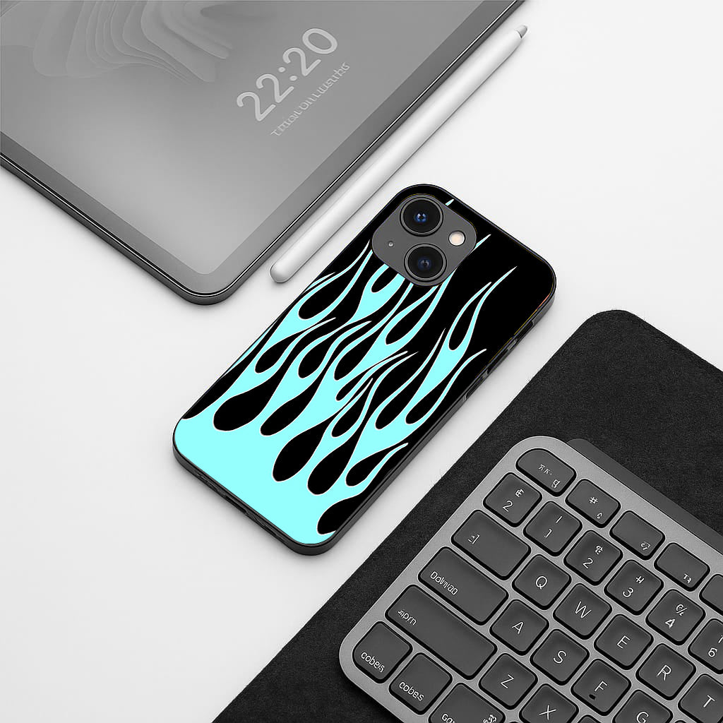 Y2k Black & Sky Blue Flames pattern phone case for iphone 14 | Glass case