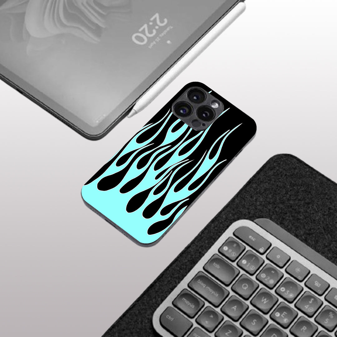 Y2k Black & Sky Blue Flames pattern phone case for iphone  15 pro max | Glass case