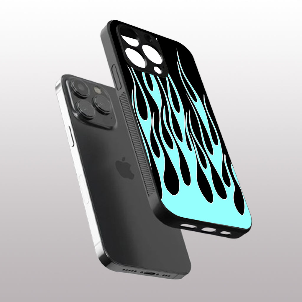 Y2k Black & Sky Blue Flames pattern phone case for iphone  15 pro max | Glass case