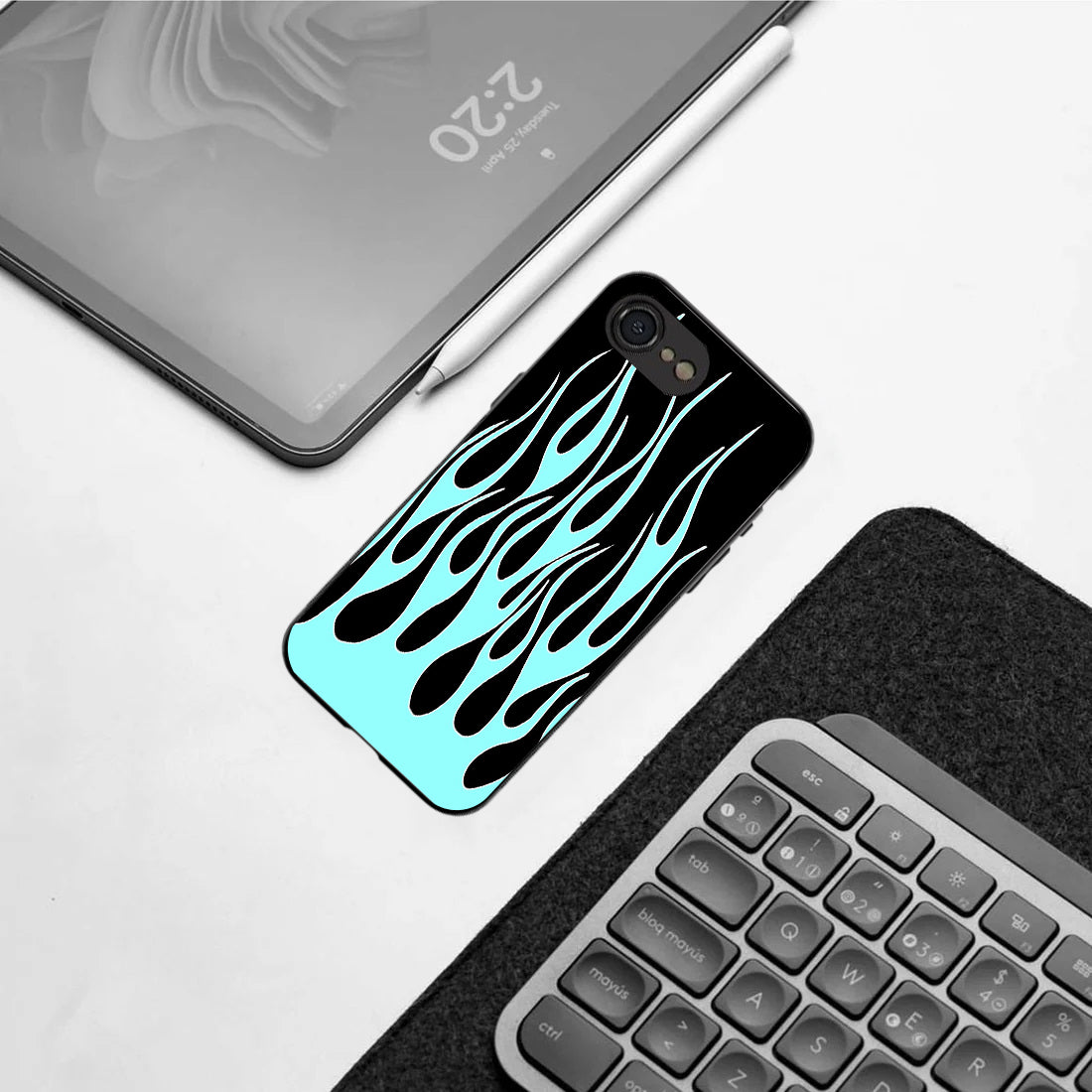 Y2k Black & Sky Blue Flames pattern phone case for iphone 16E |Glass case