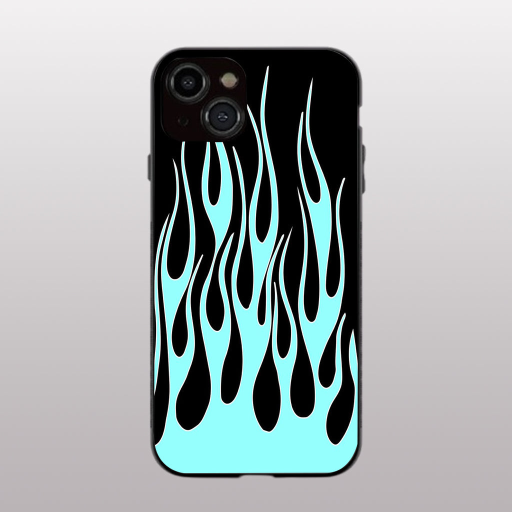 Y2k Black & Sky Blue Flames pattern phone case for iphone 14 | Glass case