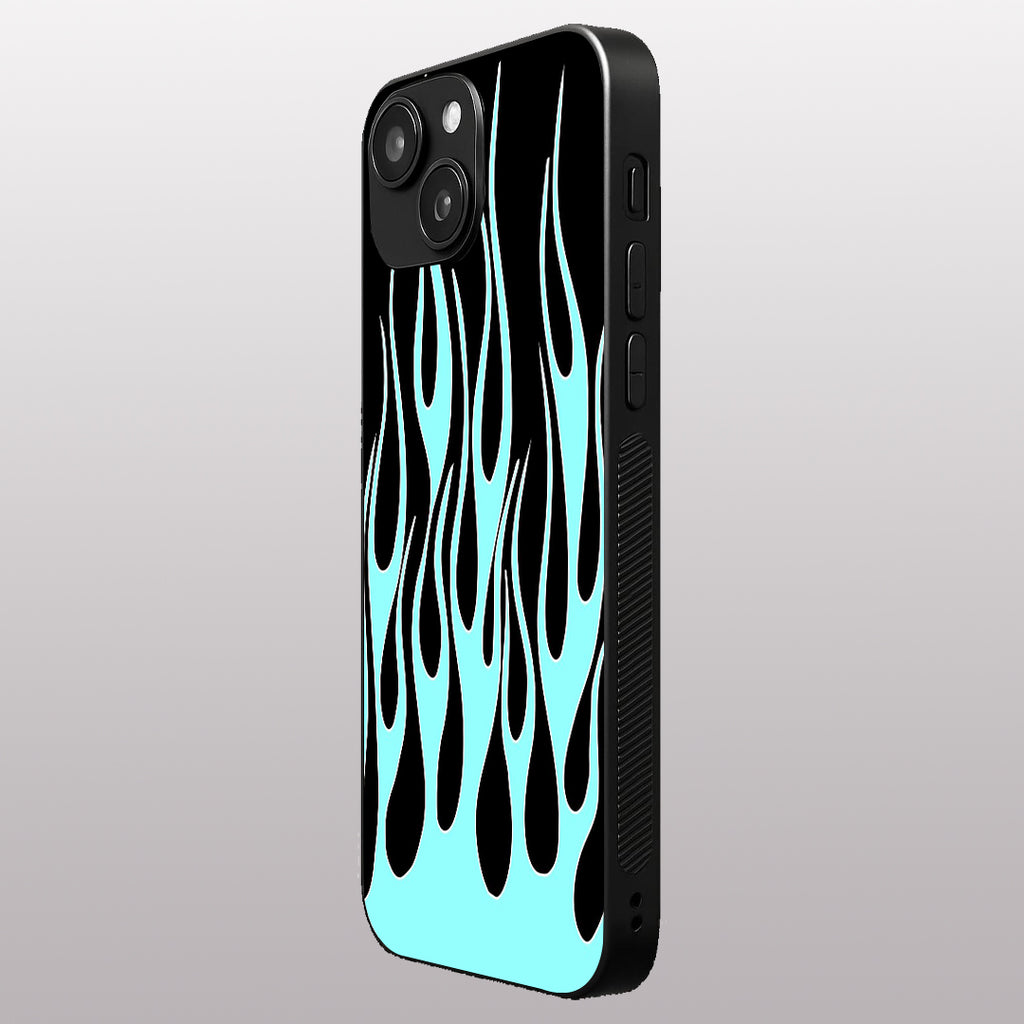 Y2k Black & Sky Blue Flames pattern phone case for iphone 14 | Glass case