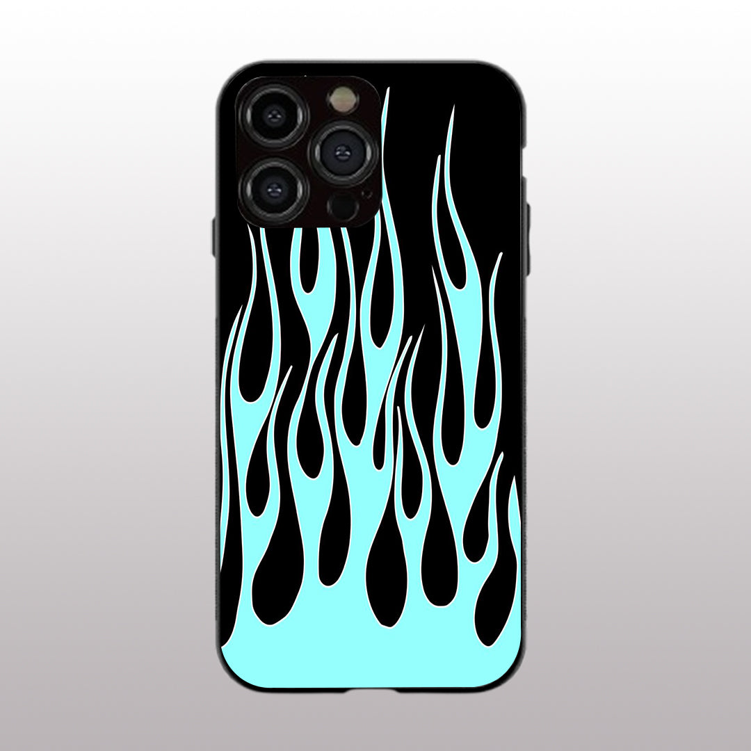 Y2k Black & Sky Blue Flames pattern phone case for iphone 14 pro max | Glass case
