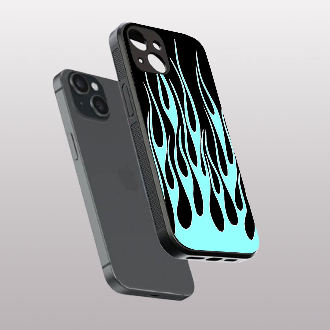 Y2k Black & Sky Blue Flames pattern phone case for iphone 14 | Glass case