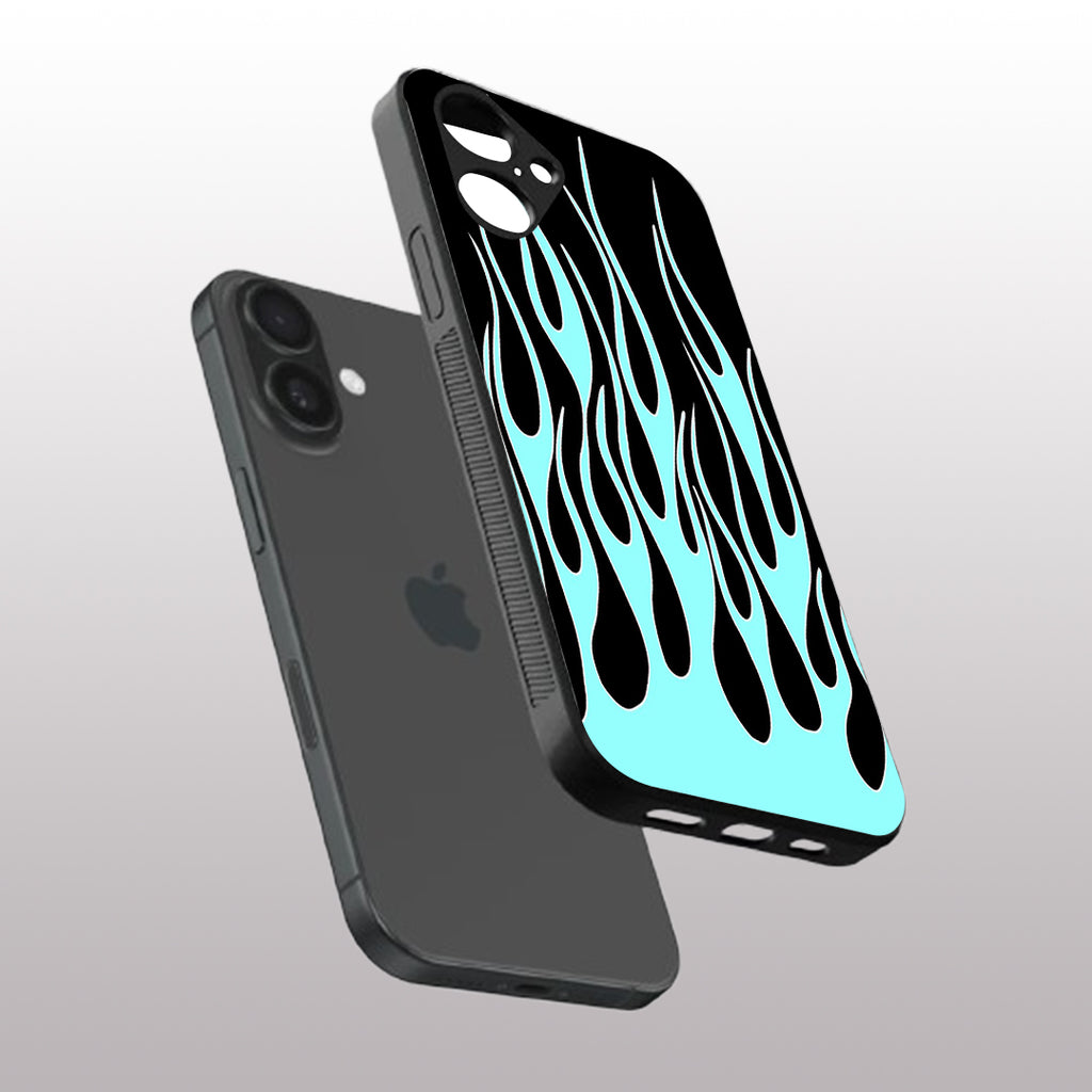 Y2k Black & Sky Blue Flames pattern phone case for iphone 16 plus | Glass case