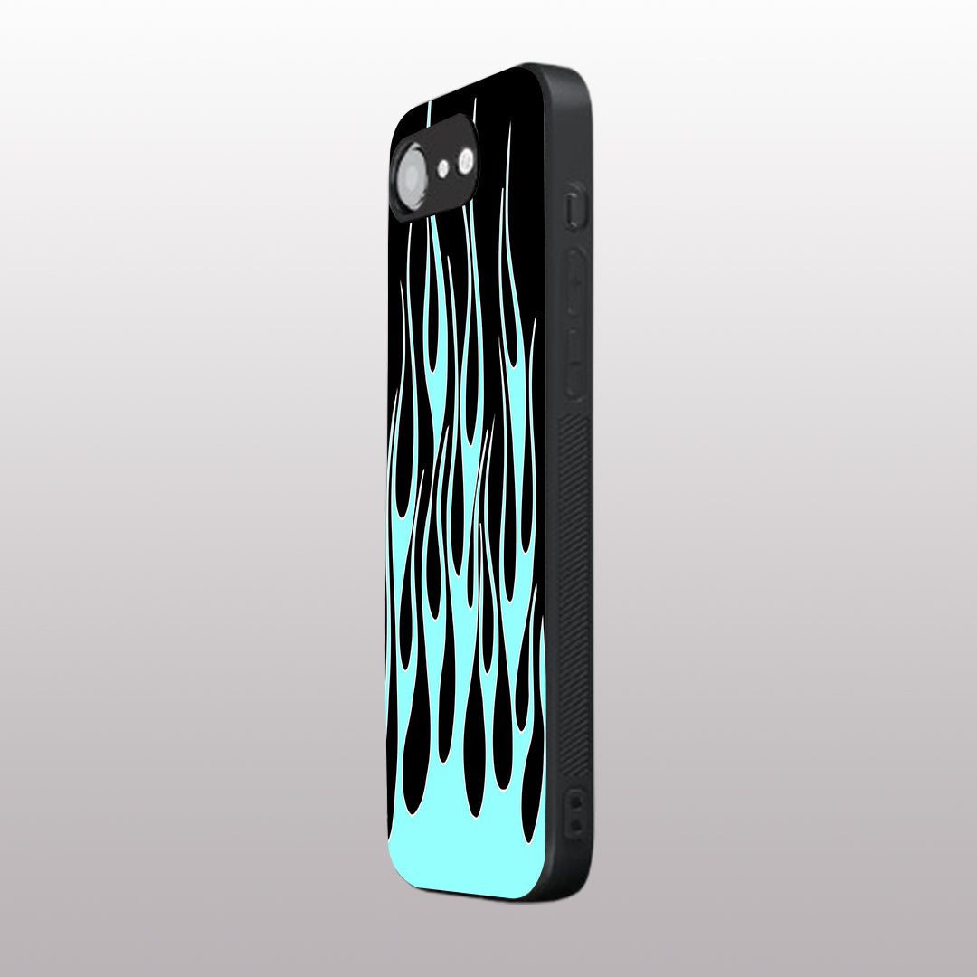 Y2k Black & Sky Blue Flames pattern phone case for iphone 16E |Glass case
