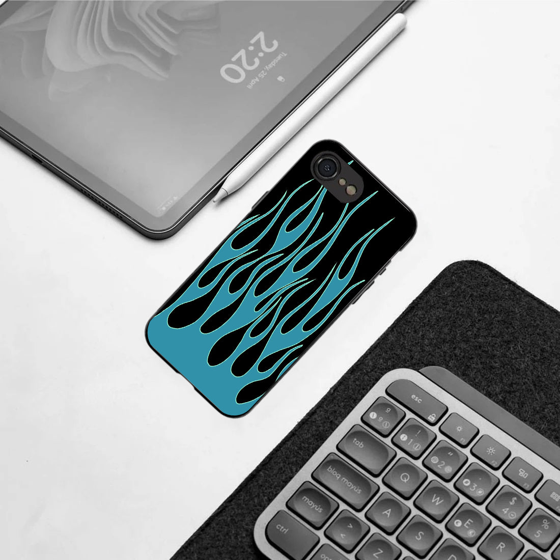 Y2k Blue Flames pattern phone case for iphone 16 E | Glass case