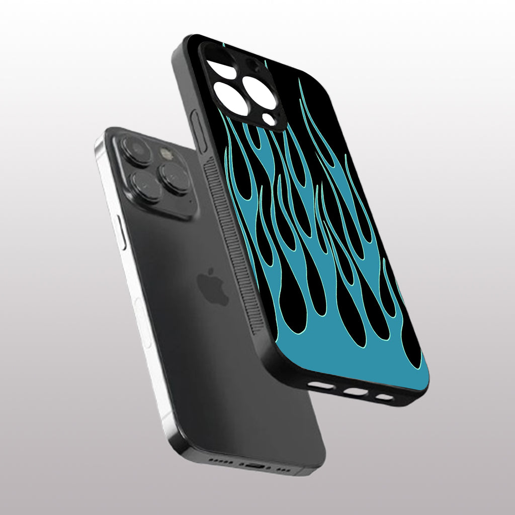 Y2k Blue Flames pattern phone case for iphone 16 pro max | Glass case