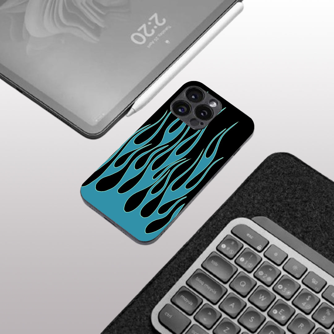 Y2k Blue Flames pattern phone case for iphone 15 pro | Glass case