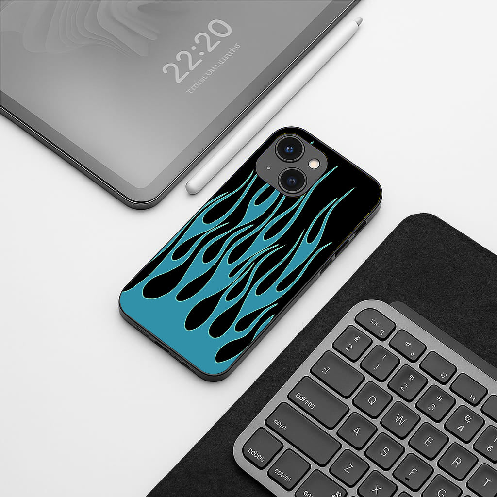 Y2k Blue Flames pattern phone case for iphone 14 |Glass case