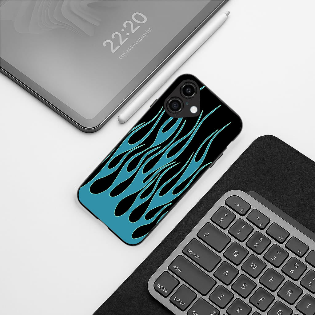 Y2k Blue Flames pattern phone case for iphone 16 plus | Glass case