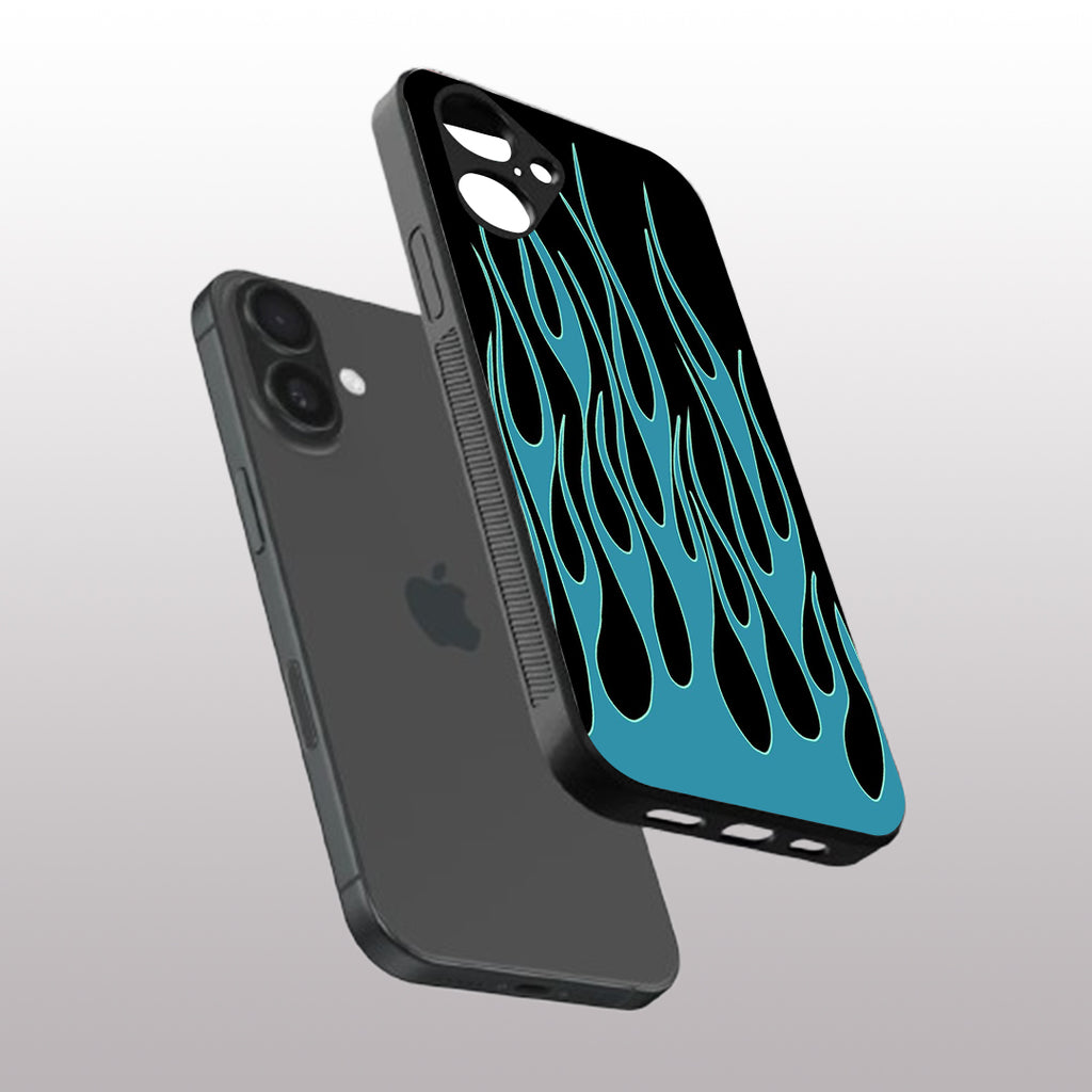 Y2k Blue Flames pattern phone case for iphone 16 plus | Glass case