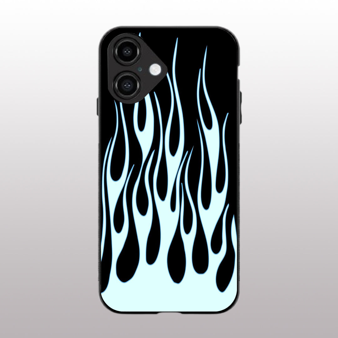 Y2k Sky Blue Flames pattern phone case  for iphone 16 plus | Glass case