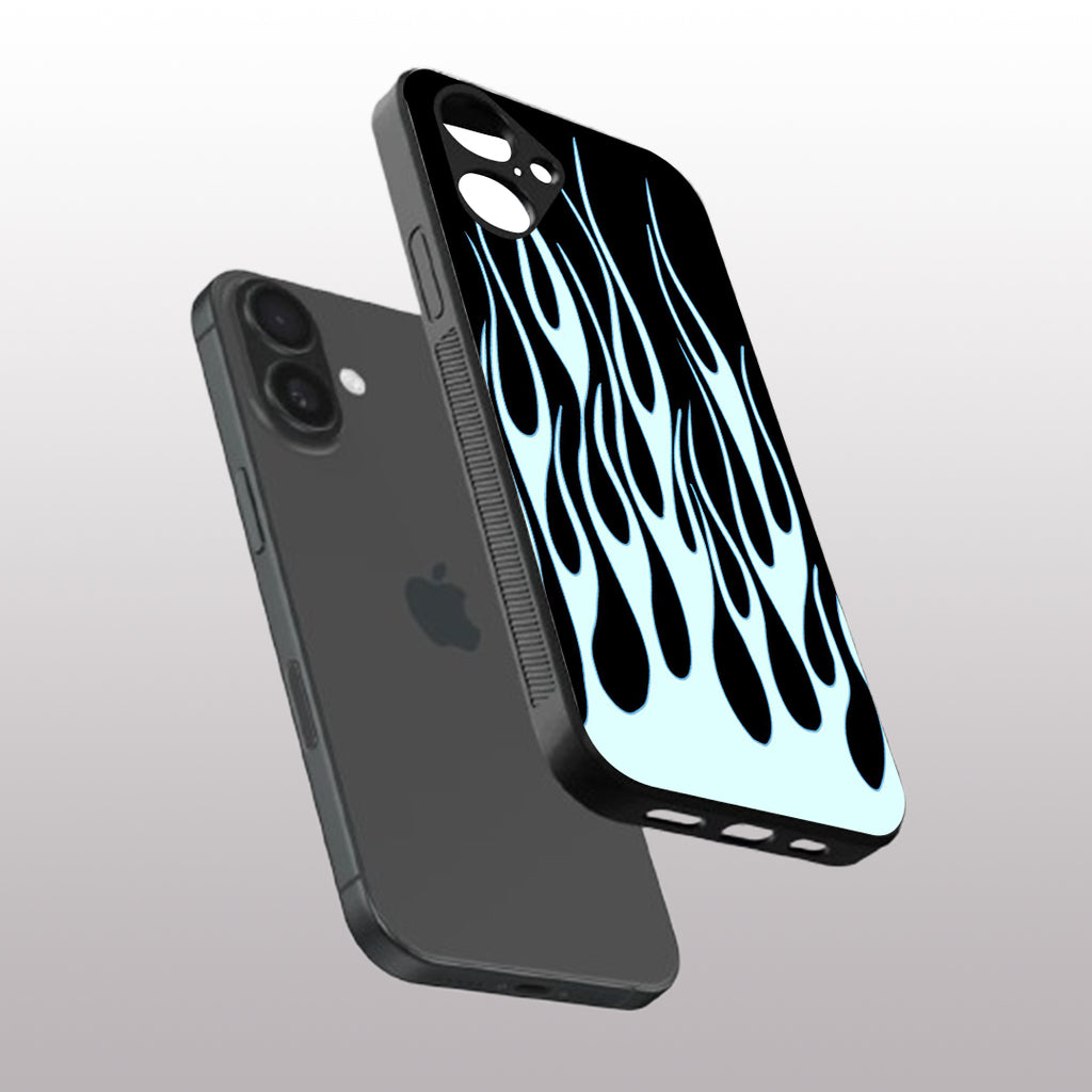 Y2k Sky Blue Flames pattern phone case  for iphone 16 plus | Glass case