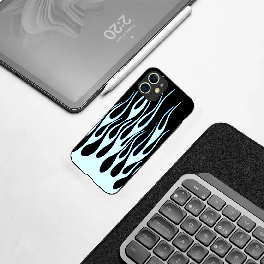 Y2k Sky Blue Flames pattern phone  case for iphone 12|Glass case