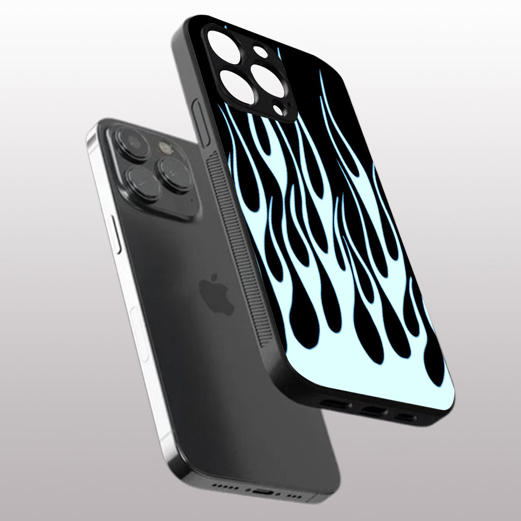 Y2k Sky Blue Flames pattern phone case for iphone 14 pro | Glass case