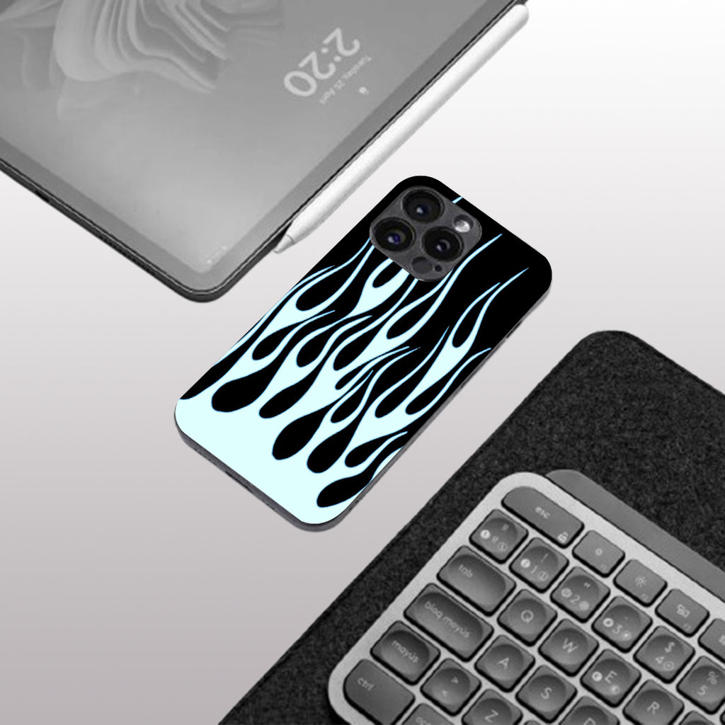 Y2k Sky Blue Flames pattern phone case for iphone 15 pro max | Glass case