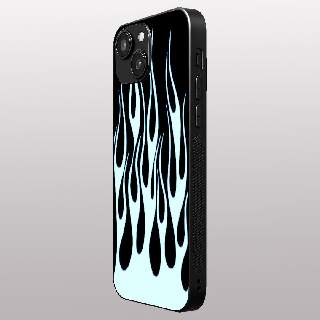 Y2k Sky Blue Flames pattern phone case for iphone 15 plus | Glass case