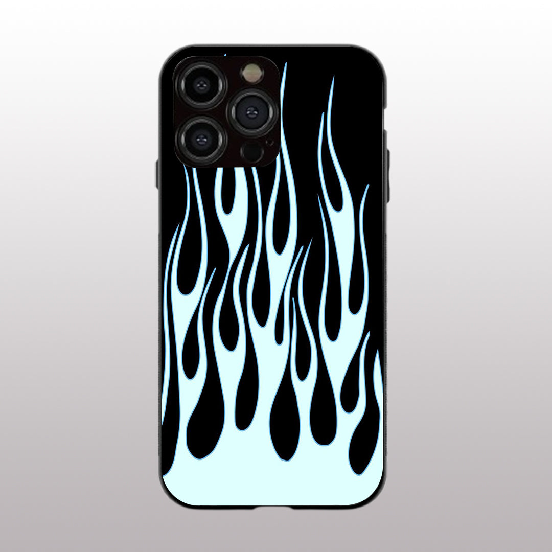 Y2k Sky Blue Flames pattern phone case for iphone 15 pro | Glass case