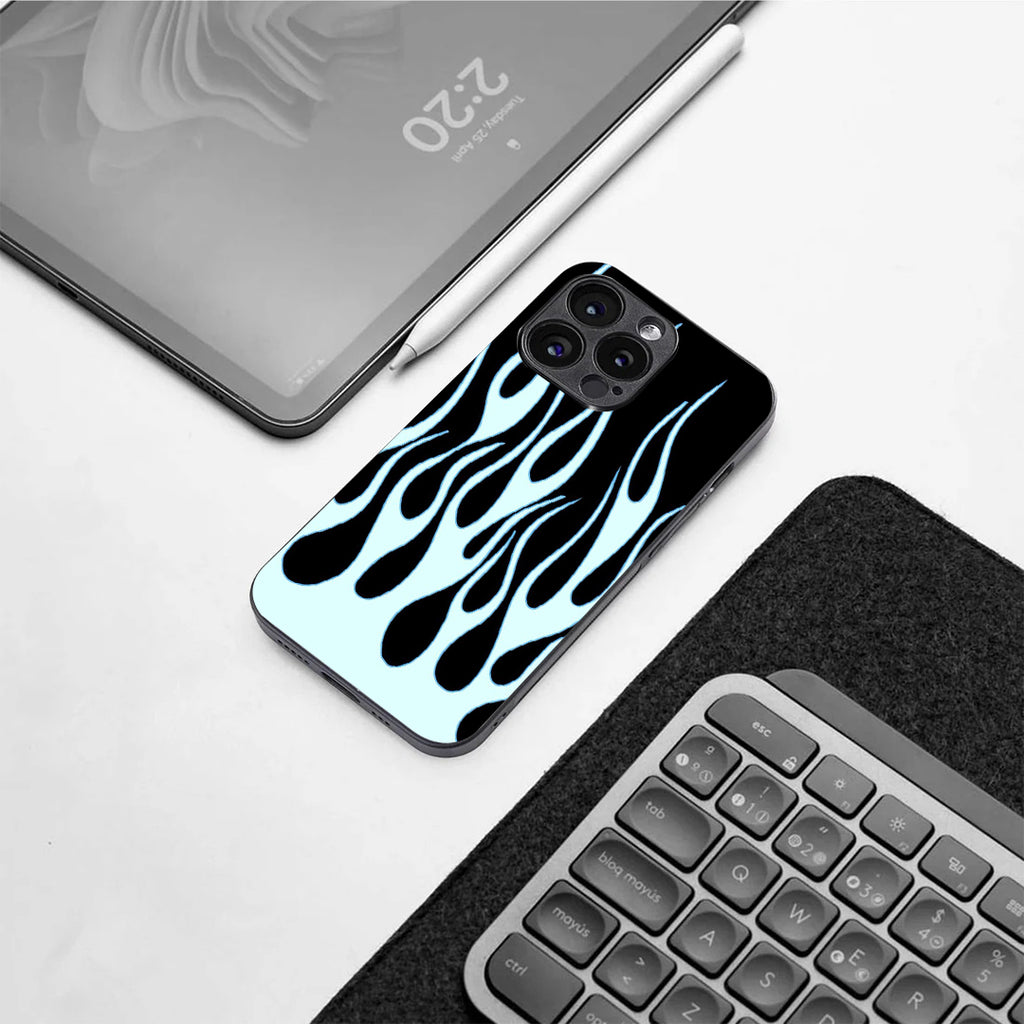 Y2k Sky Blue Flames  pattern phone case for iphone 12 pro max | Glass case