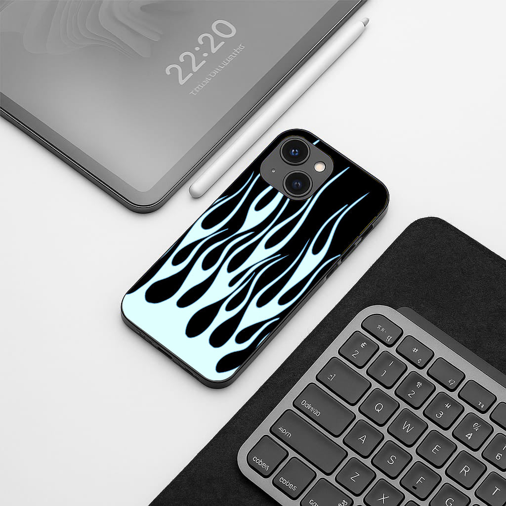Y2k Sky Blue Flames pattern phone case for iphone 14 | Glass case