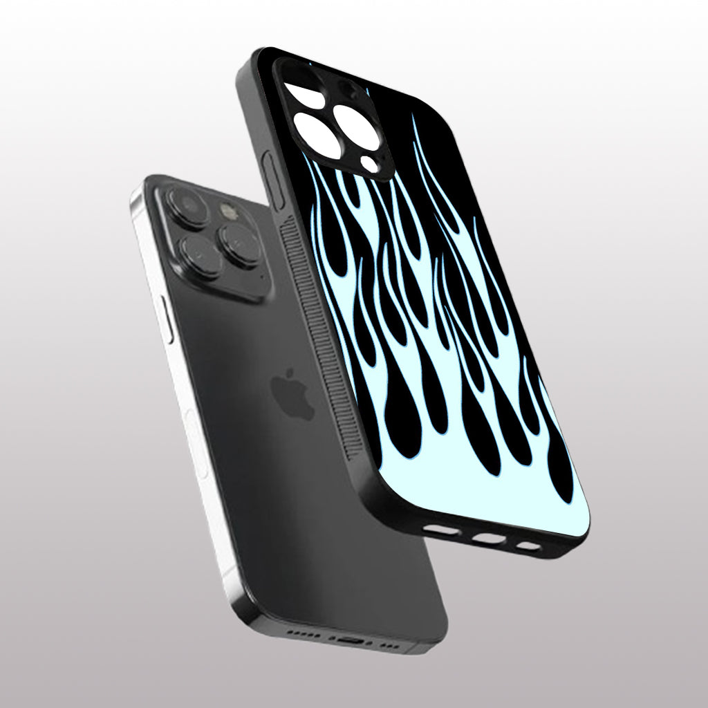 Y2k Sky Blue Flames pattern phone case for iphone 15 pro | Glass case