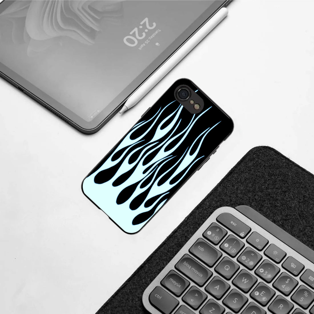 Y2k Sky Blue Flames pattern phone case for iphone 16E | Glass case