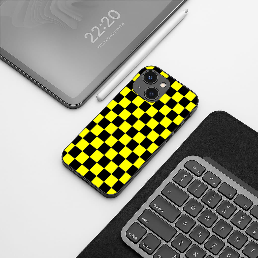 Yellew & Black Check Pattern phone case for iphone 15 |Glass case