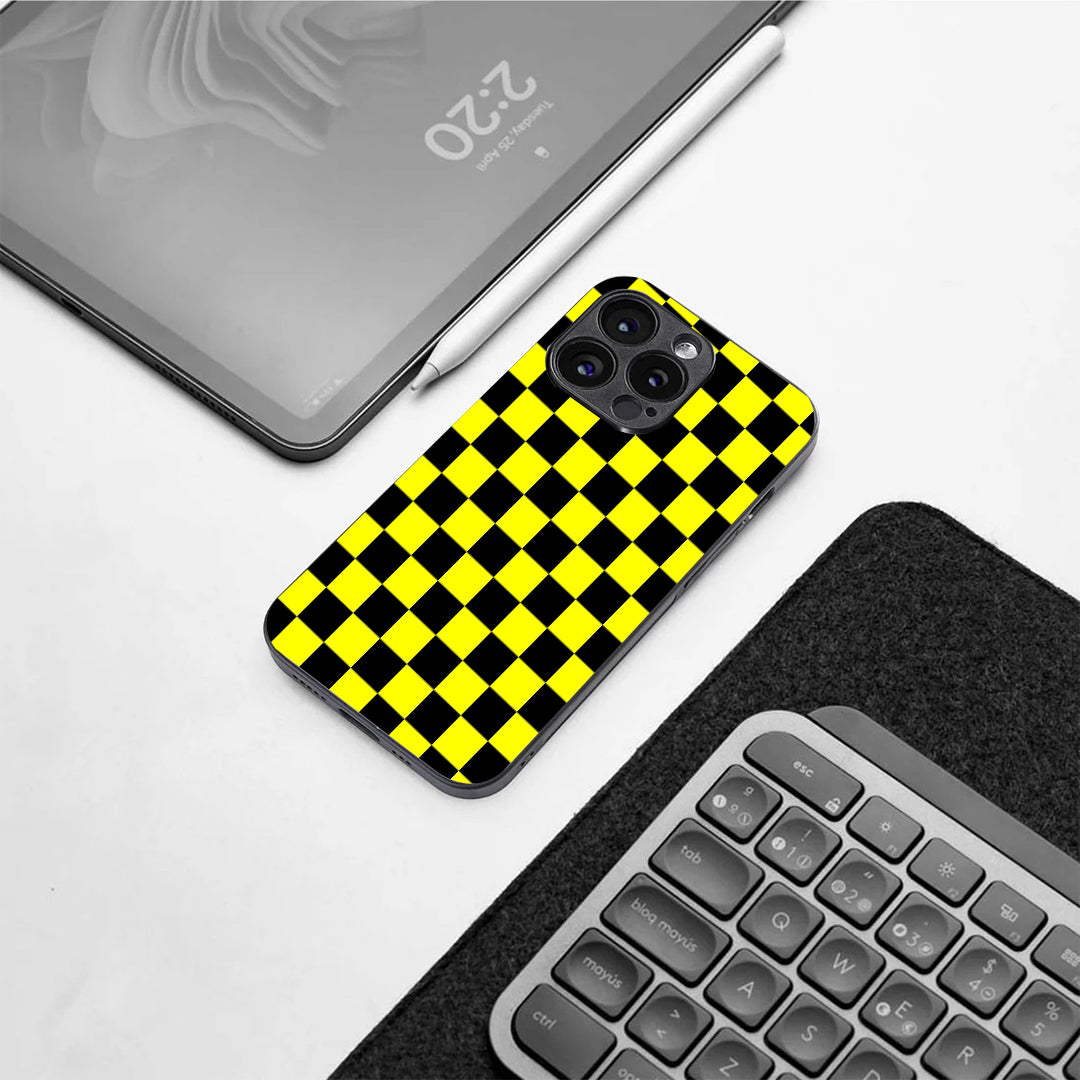 Yellow & Black Check Pattern phone case for iphone 14 pro | Glass case