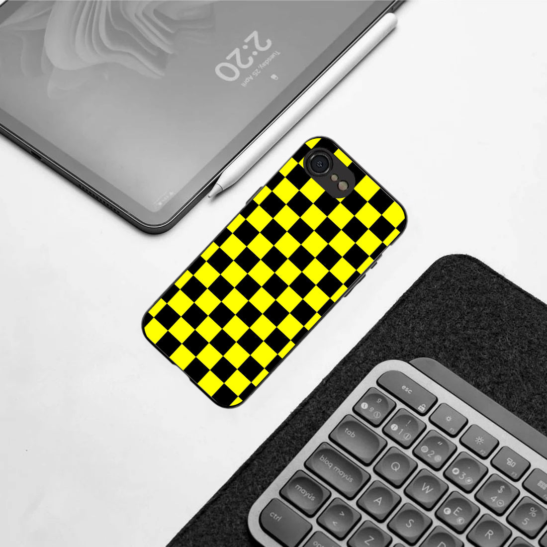 Yellew & Black Check Pattern phone case for iphone 16E| Glass case