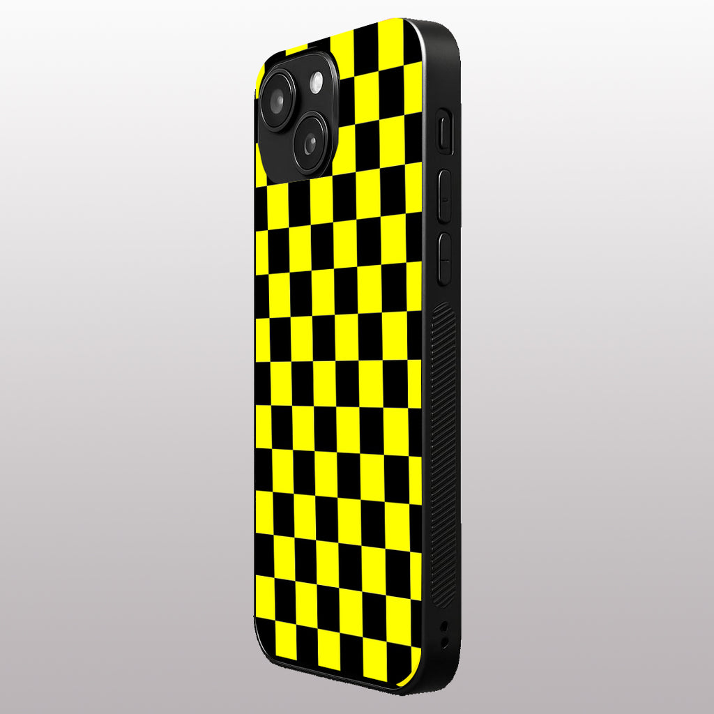 Yellow & Black Check Pattern phone case for iphone 14 plus | Glass case