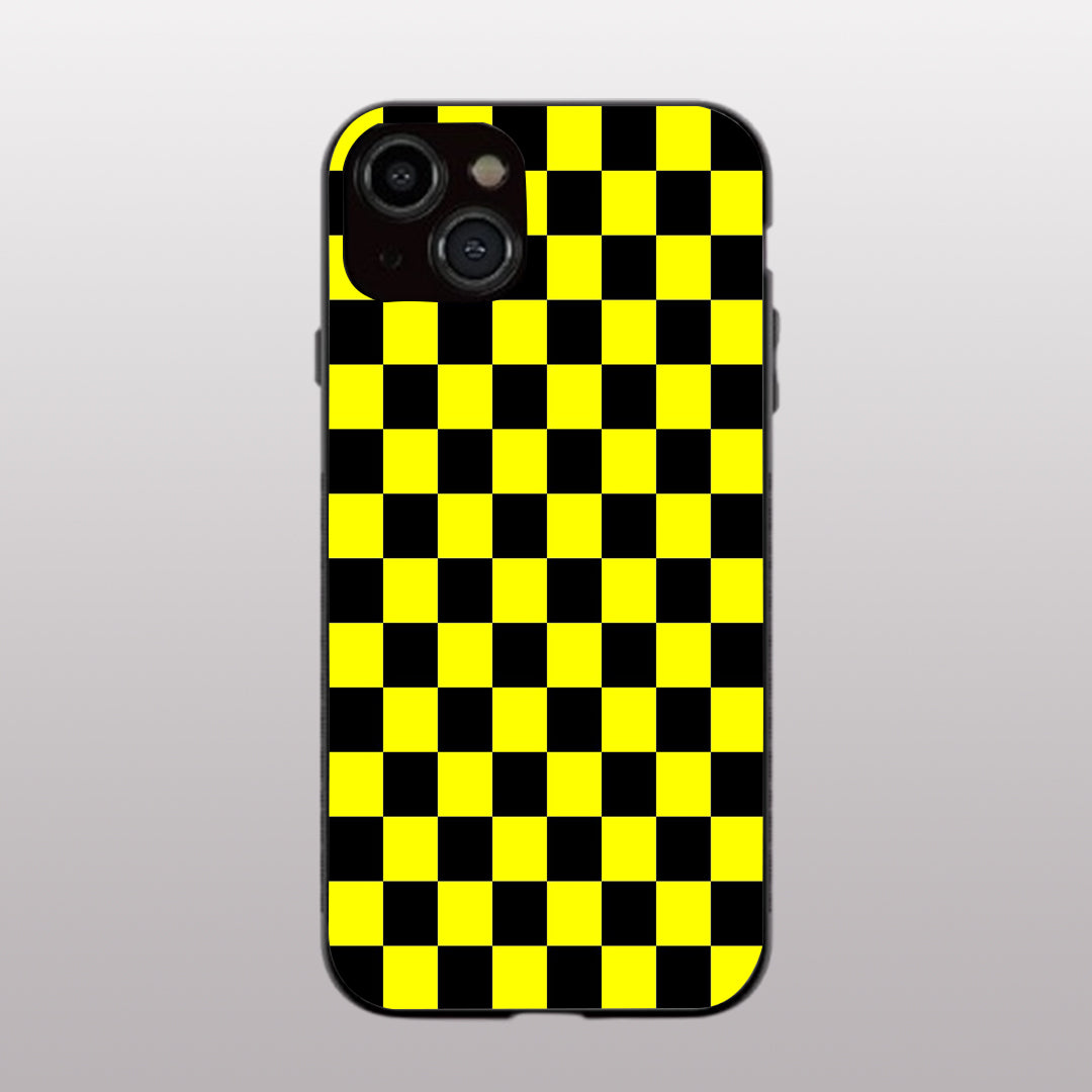 Yellow & Black Check Pattern phone case for iphone 14 plus | Glass case
