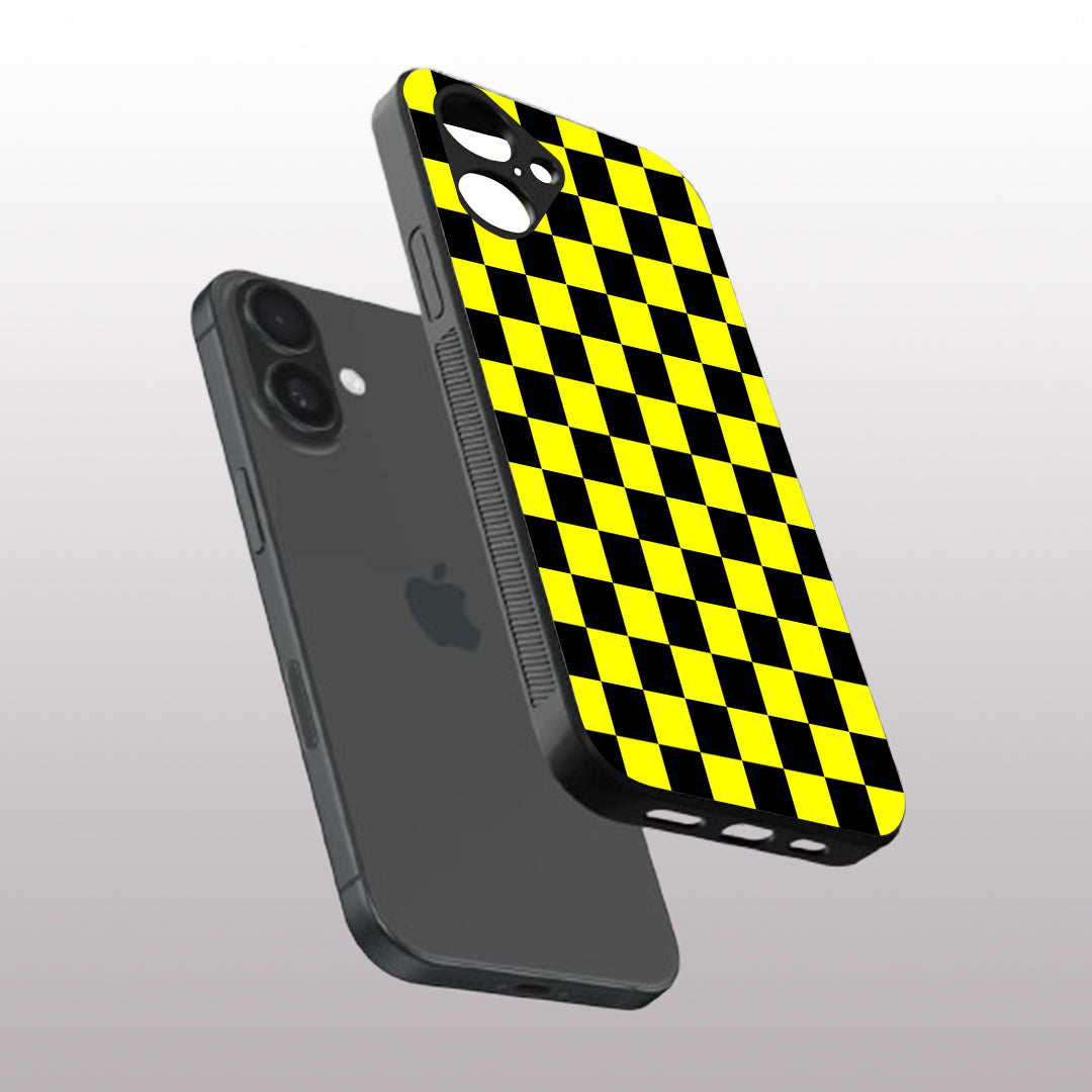 Yellew & Black Check Pattern phone case for iphone 16 plus | Glass case