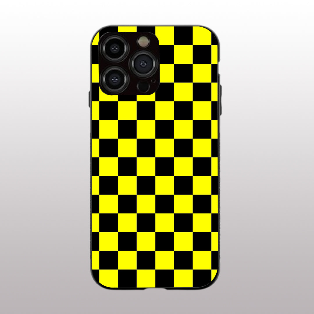 Yellew & Black Check Pattern phone case for iphone 16 pro max | Glass case