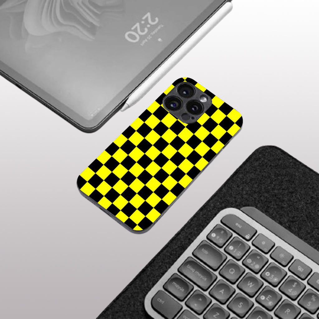 Yellew & Black Check Pattern phone case for iphone 15 pro max | Glass case