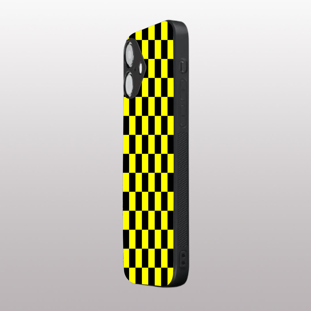 Yellew & Black Check Pattern phone case for iphone 16 plus | Glass case
