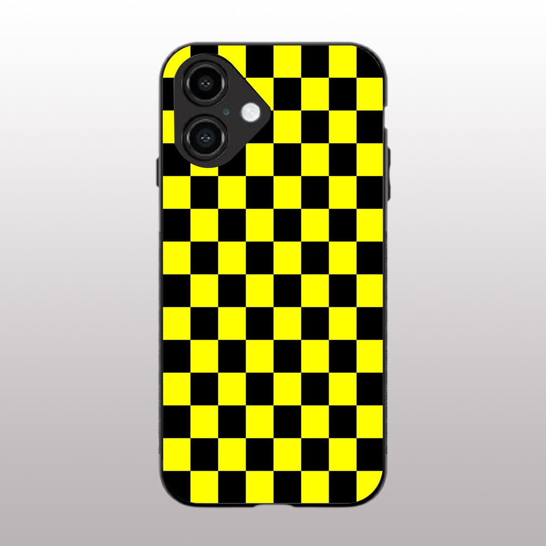 Yellew & Black Check Pattern phone case for iphone 16 plus | Glass case