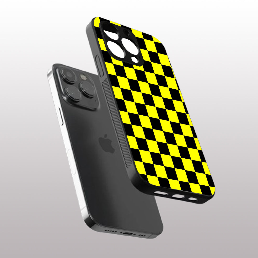 Yellew & Black Check Pattern phone case for iphone 15 pro | Glass case