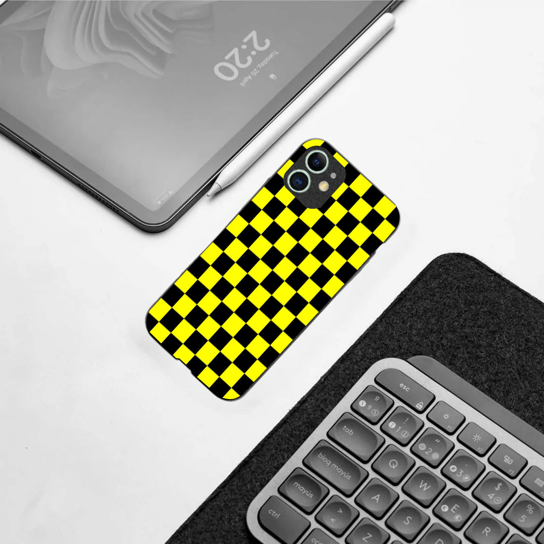 Yellew & Black Check Pattern phone case for iphone 12 mini |Glass case