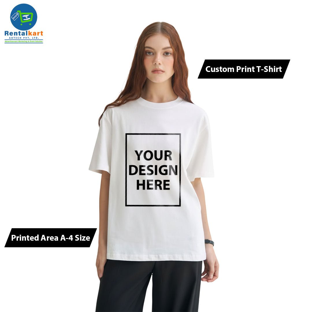 Custom Print White T-Shirt for Women | A4 Size Front Print | Premium Cotton + Polyester | White - RENTALKART ADTECH PRIVATE LIMITED